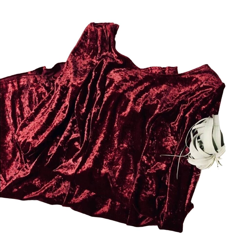 VINTAGE Maroon Burgundy Crushed Velvet Long Sleeve Midi Rosette Applique Dress 6 - Picture 6 of 8